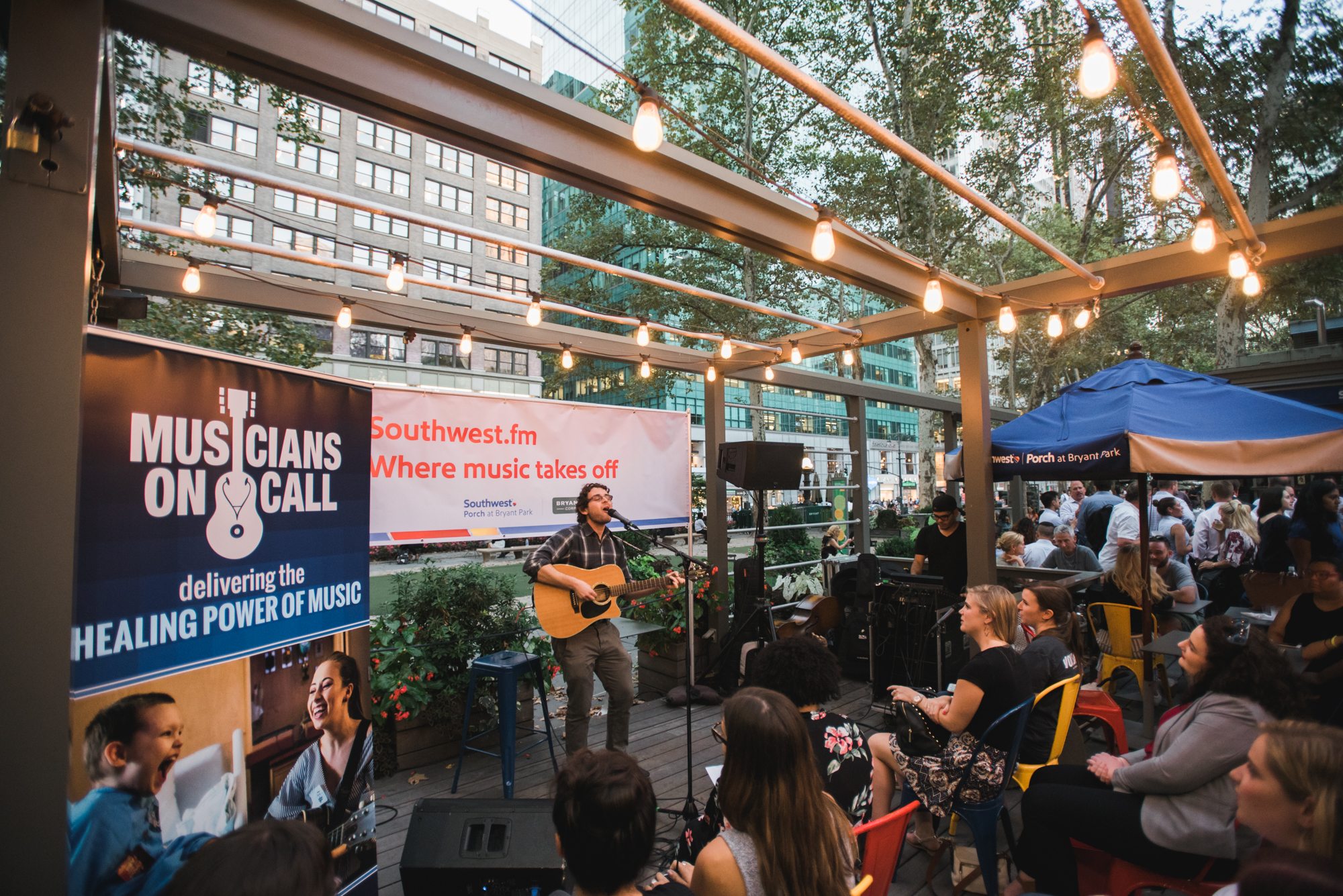 Southwest bryant park porch musicians call airlines teams bring music