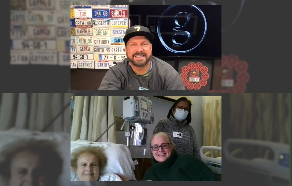garth brooks and the millionth patient played for pose for a photo