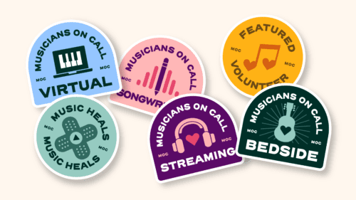 badges featuring MOC's Bedside, Virtual, Streaming and Songwriting programs, as well as badges saying Music Heals and a Featured Volunteer badge