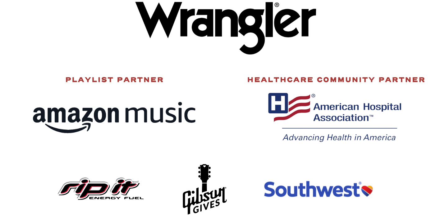 The Presenting Sponsor is Wrangler. Our Playlist Partner is Amazon Music. Our Healthcare Community Partner is American Hospital Association. The supporting sponsors are Rip It Energy, Gibson Gives, and Southwest Airlines