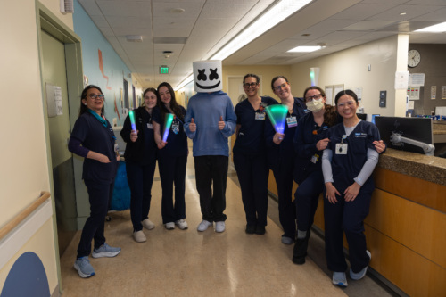 Picture of Marshmello with hospital caregivers