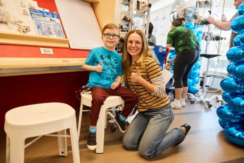 Photo of Kristen Bell with hospital patient